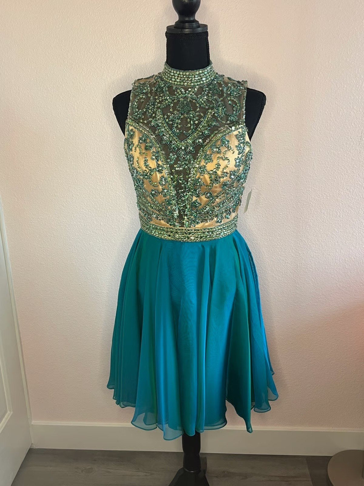 Aqua Blue, Gold Short Dress